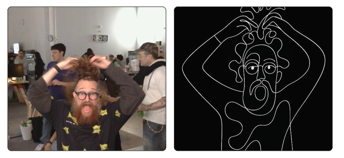 Side-by-side comparison: original photo on the left, AI-generated minimalist line art portrait on the right