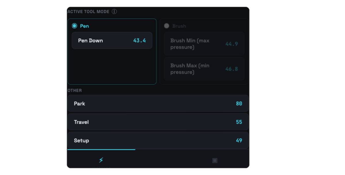 Screenshot of the Micasso admin panel showing Z-height settings for pen, brush, travel, park, and setup positions