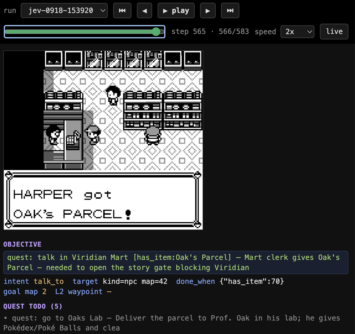The agent's debugger dashboard: a Game Boy screen showing the player in Viridian Mart with the message HARPER got OAK's PARCEL, next to an objective panel and a quest to-do list